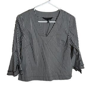 White House Black Market Blouse Women's Petite 6 Black Gingham 3/4 Sleeve Top